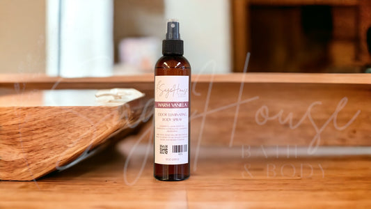 An amber colored bottle with spritz top. On wooden surface with modern background