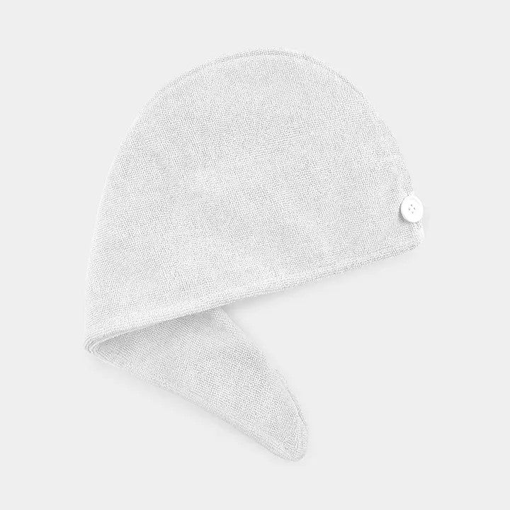 A white microfiber hair turban with a button fastener designed to wrap around the head.