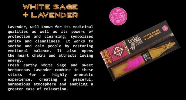 White Sage and Lavender product packaging with text on a black background