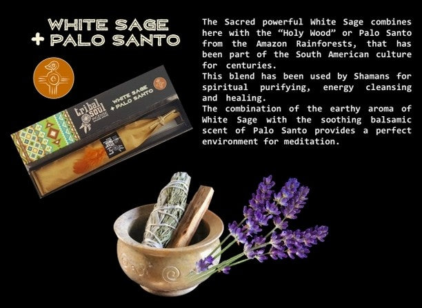 White Sage and Palo Santo packaging with text on a black background