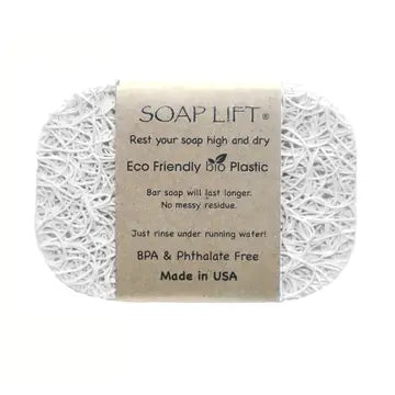 A white soap lift with product band around the middle. On white background.