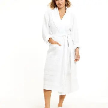 A white striped Turkish bathrobe with a tie belt, displayed on a white background.