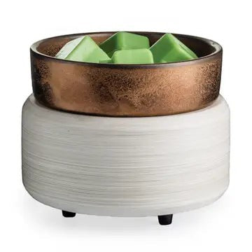 SageHouse Bath & Body white washed wax warmer with a bronze metallic dish and green wax melts.