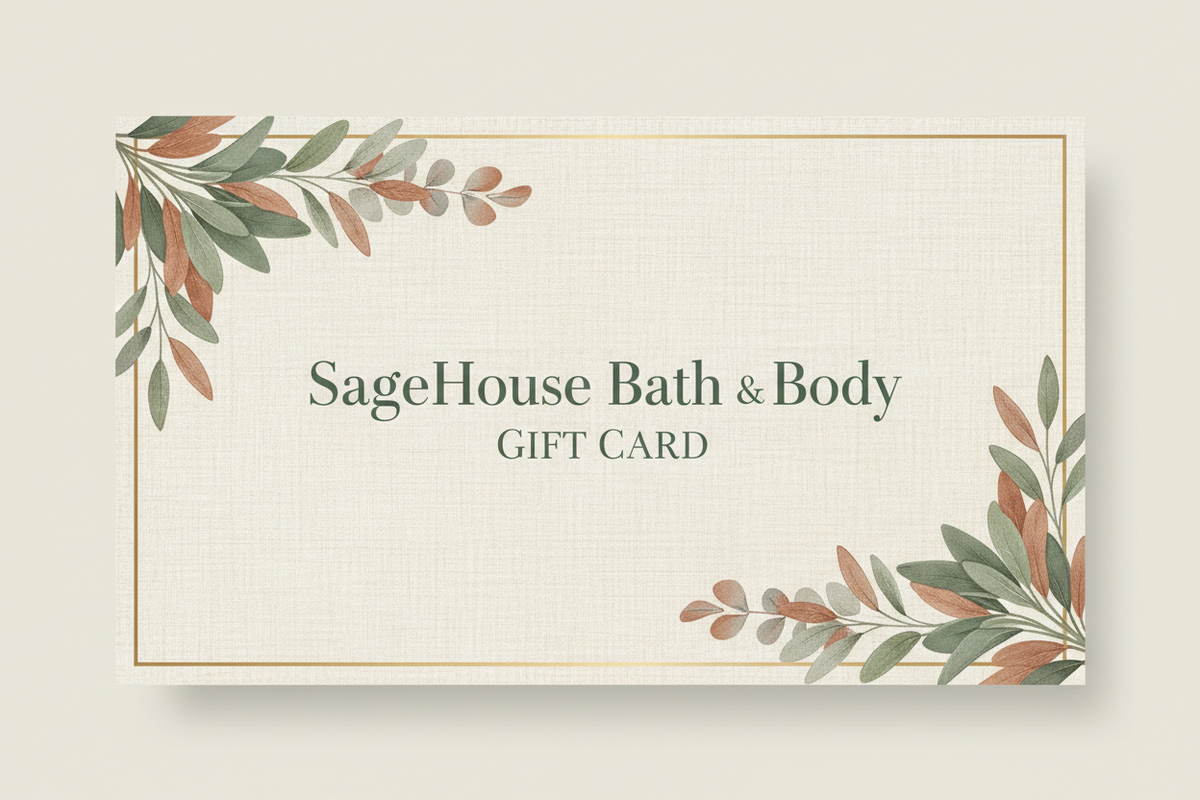 A rectangular SageHouse Bath & Body gift card with a cream linen-textured background, gold border lines, and botanical leaf illustrations in muted green and terracotta tones at the top-left and bottom-right corners. The text reads 'SageHouse Bath & Body' and 'GIFT CARD'.